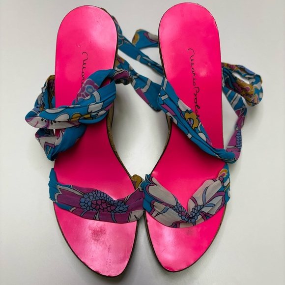 2/$20 Mario Bologna Womens 38 Cork Wedge Tie Up Floral Beach Boho Espadrilles - Picture 2 of 7